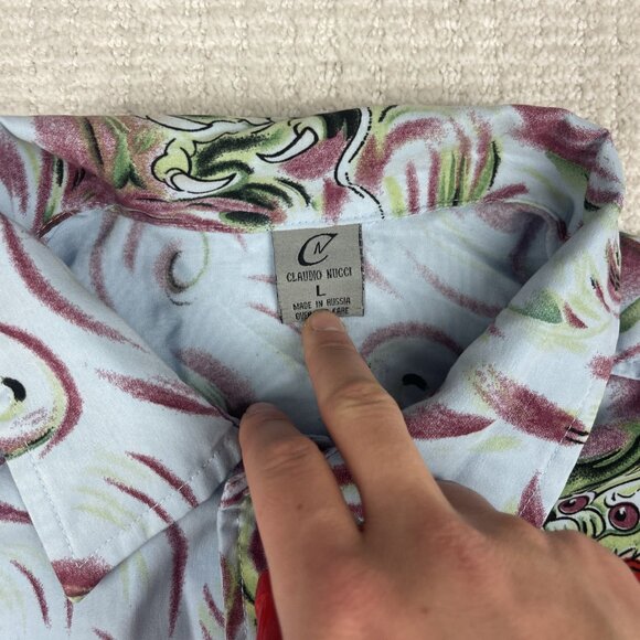 Y2K Claudio Nucci Trippy Flames Dragon AOP  Button Shirt Men Sz L Blue / Green - Picture 8 of 16